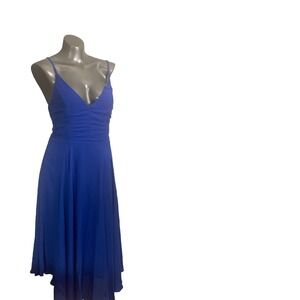 LULUS XS Dress Women's 46 Inch Long Manhattan Moment Blue Ruffled Midi High-low